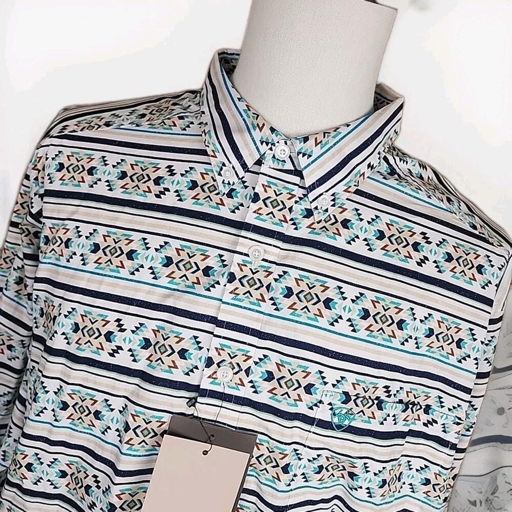 Ariat Men's Judge Long Sleeve Button Down Shirt White Blue Aztec Size XXL